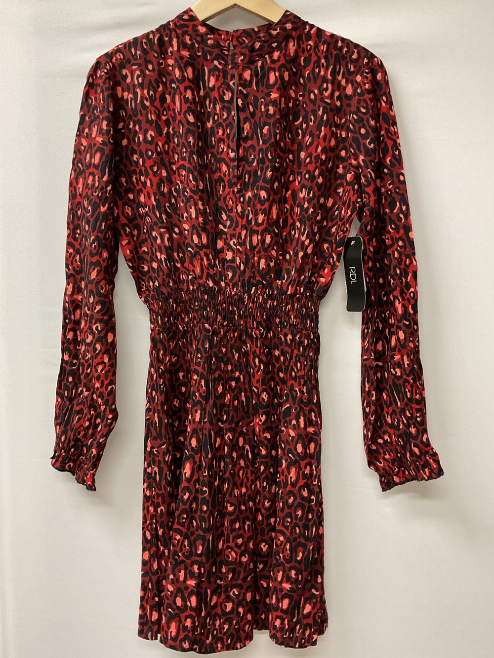 Brand New-Women’s RDI Wine/Black Animal Print Long Sleeve Smocked Waist Dress
